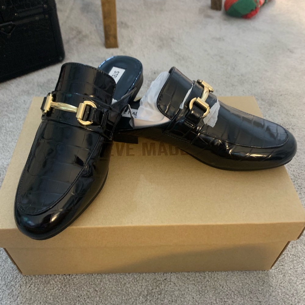 Steve Madden KANDI Black Leather Snakeskin Mules